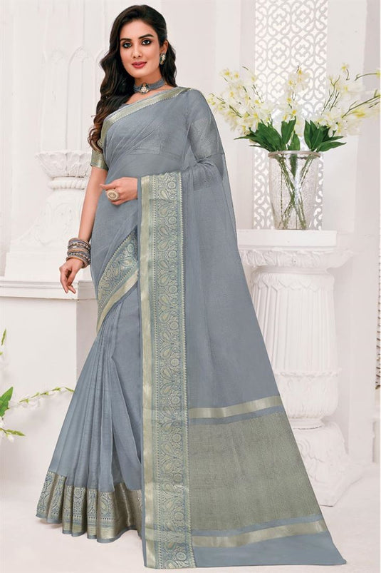 Casual Wear Grey Color Aloof Weaving Border Work Saree In Organza Fabric