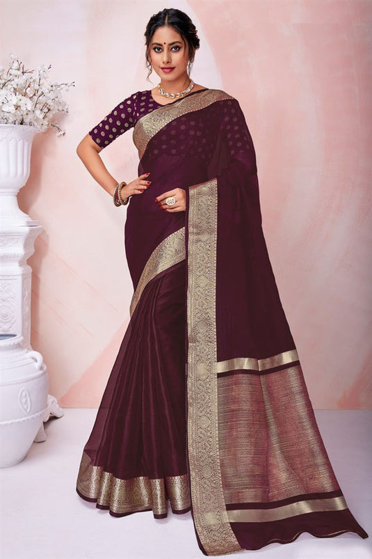 Wine Color Festival Look Sober Organza Saree