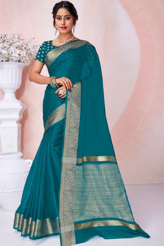 Intricate Cyan Color Festival Look Organza Saree