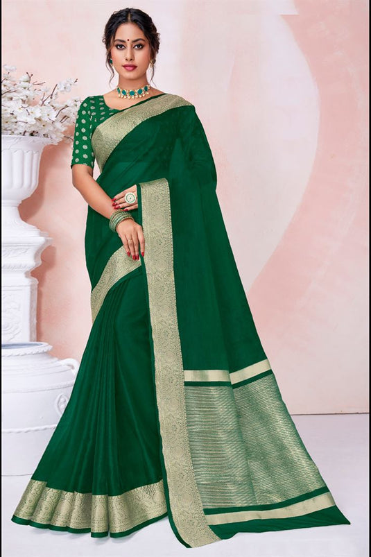 Dark Green Color Festival Look Provocative Organza Saree