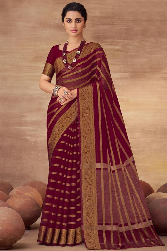 Maroon Color Organza Saree With Ingenious Weaving Work