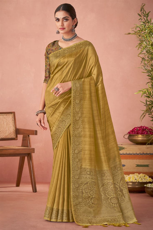 Golden Color Art Silk Fabric Charismatic Kalamkari Printed Saree