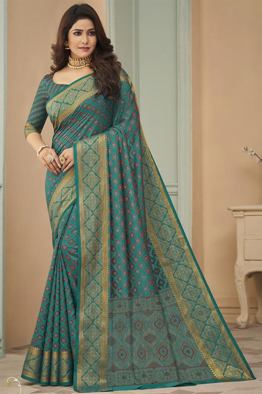 Festival Wear Art Silk Fabric Weaving Work Chic Saree In Cyan Color