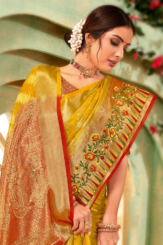 Radiant Weaving Work Yellow Color Organza Saree