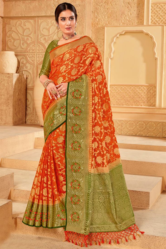 Orange Color Weaving Work On Organza Beatific Saree