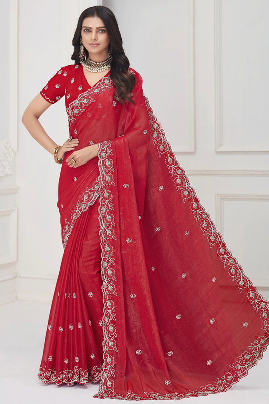 Chiffon Fabric Red Color Riveting Saree With Embroidered Work