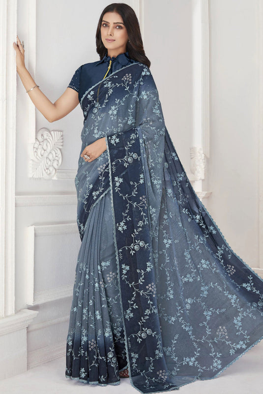 Beguiling Embroidered Work On Grey Color Chiffon Fabric Saree