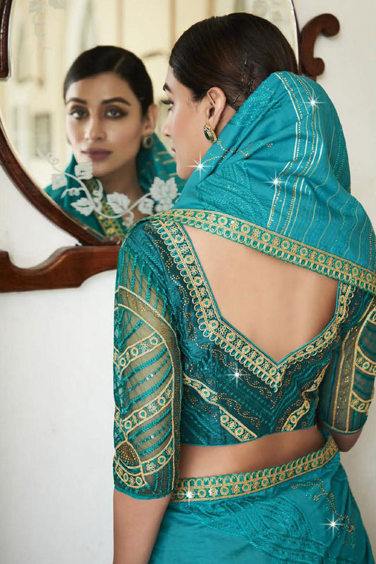 Cyan Color Festive Wear Silk Fabric Saree With Embroidered Designer Blouse