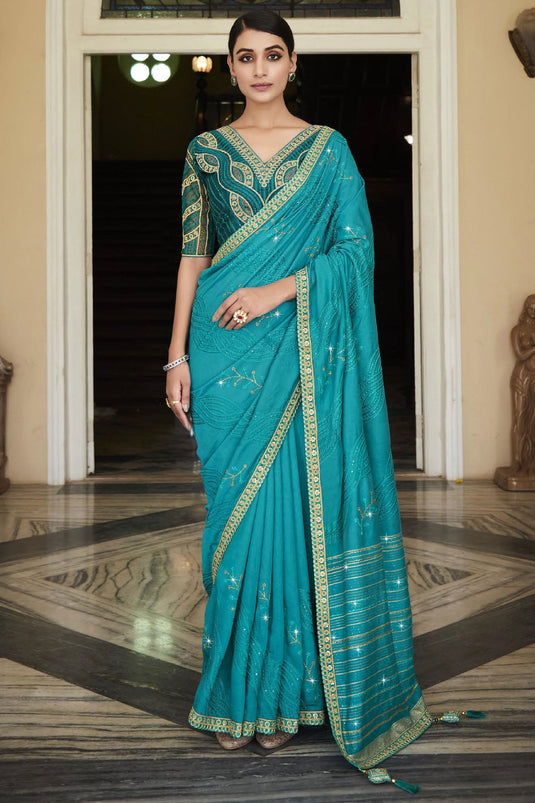 Cyan Color Festive Wear Silk Fabric Saree With Embroidered Designer Blouse