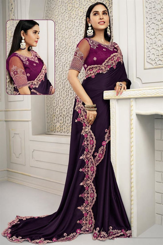 Purple Color Winsome Sequins Work Polyester Saree