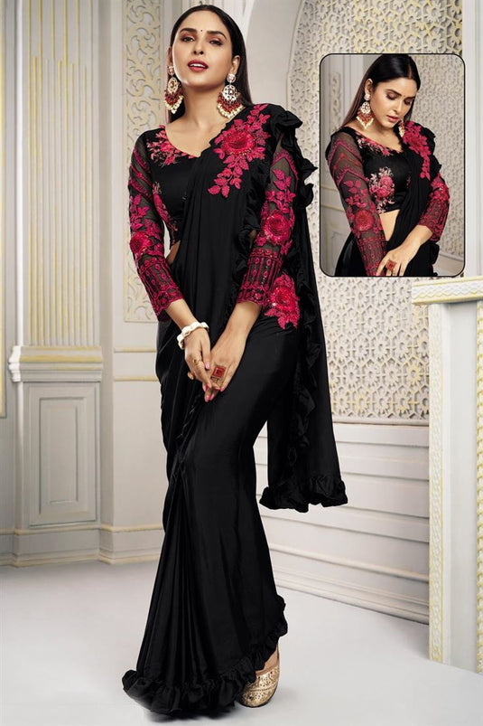 Radiant Black Color Sequins Work Polyester Saree