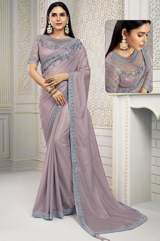 Incredible Grey Color Sequins Work Polyester Saree
