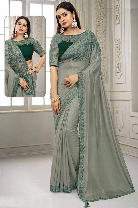 Vintage Grey Sequins Work Polyester Saree