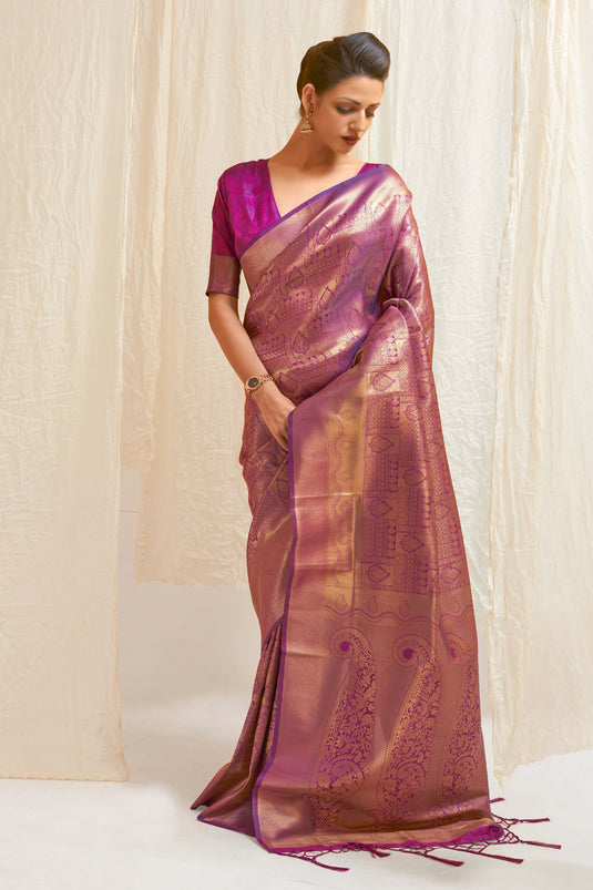 Soothing Purple Color Handloom Zari Weaving Silk Saree With Kanjivaram Blouse