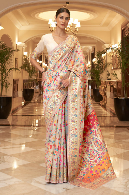 Albescent Beige Kashmiri Modal Handloom Weaving Silk Saree