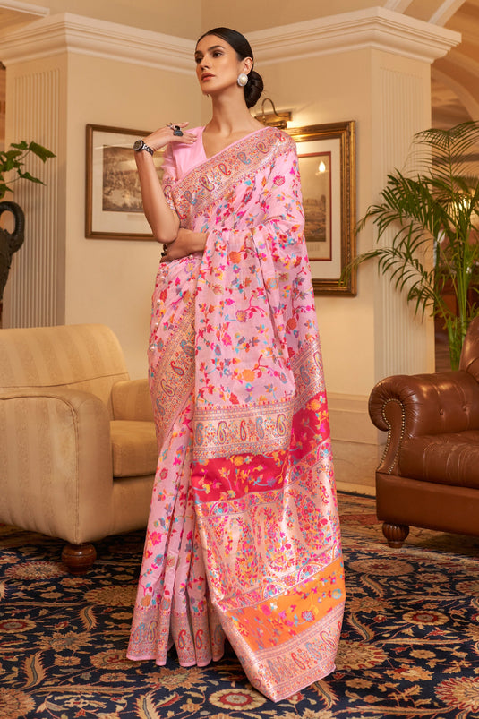 Charm Pink Kashmiri Modal Handloom Weaving Silk Saree