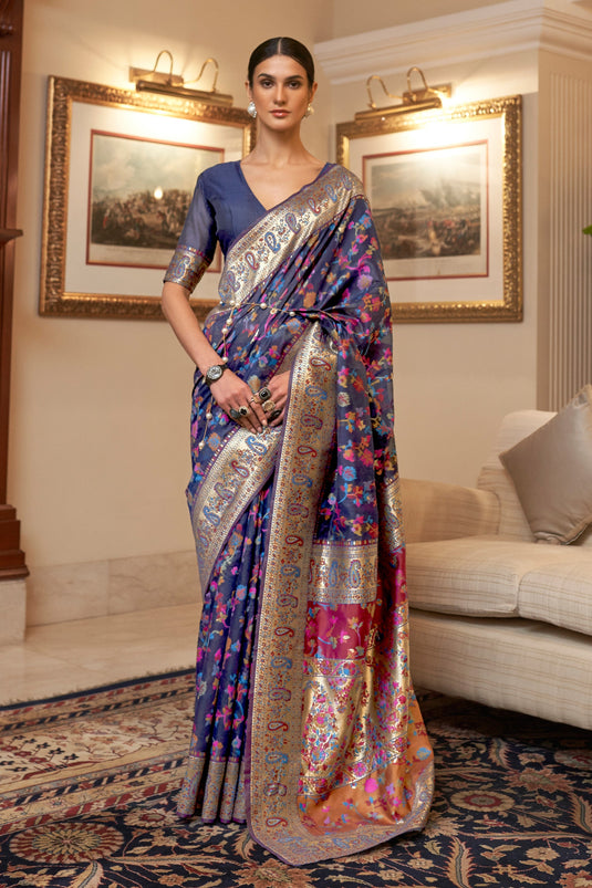 Imposing Navy Blue Color Kashmiri Modal Handloom Weaving Silk Saree