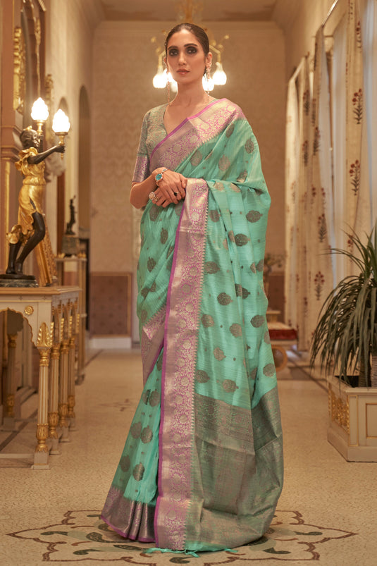 Charm Cyan Handloom Weaving Silk Saree