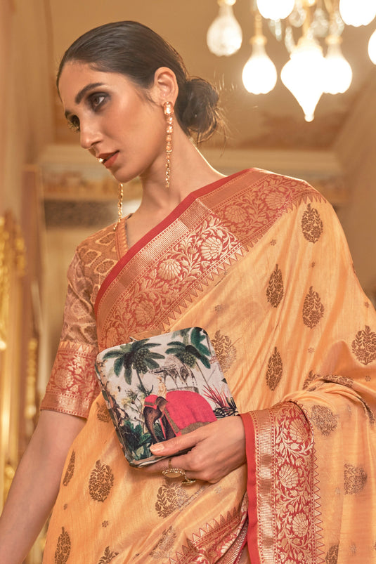 Peach Color Brilliant Handloom Weaving Silk Saree