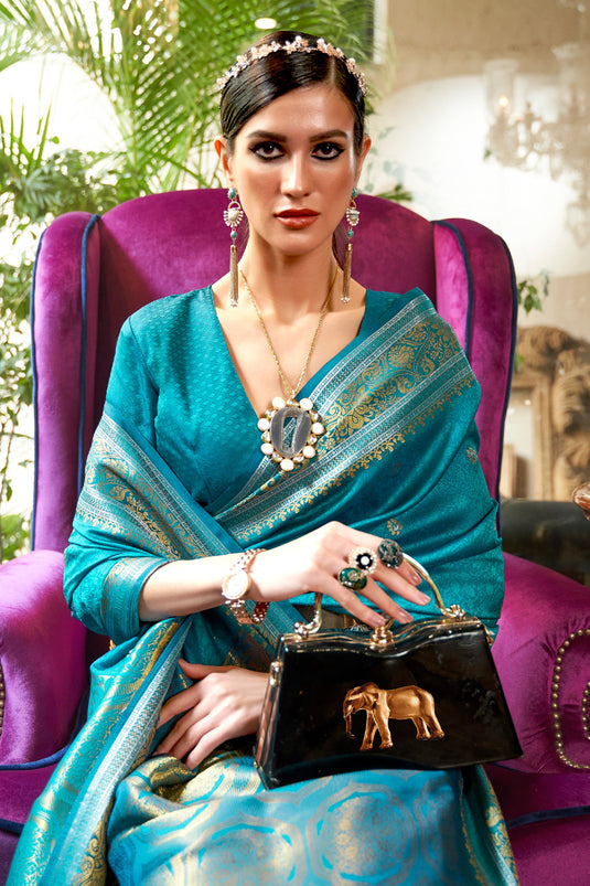 Dazzling Cyan Color Weaving Work Saree In Art Silk Fabric