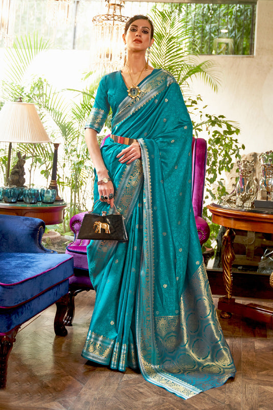 Dazzling Cyan Color Weaving Work Saree In Art Silk Fabric