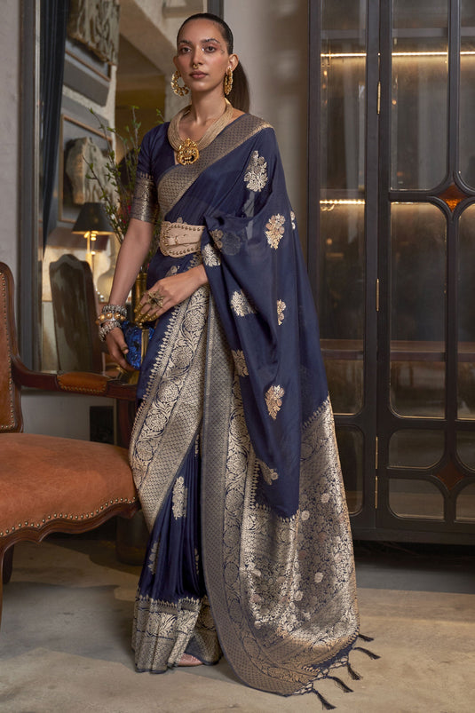 Navy Blue Color Gorgeous Zari Weaving Work Georgette Saree