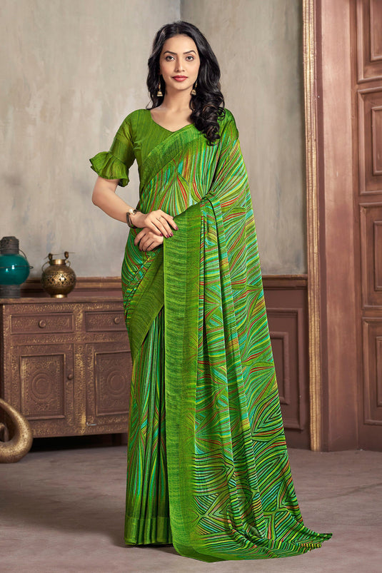 Chiffon Fabric Green Fancy Abstract Print Casual Saree
