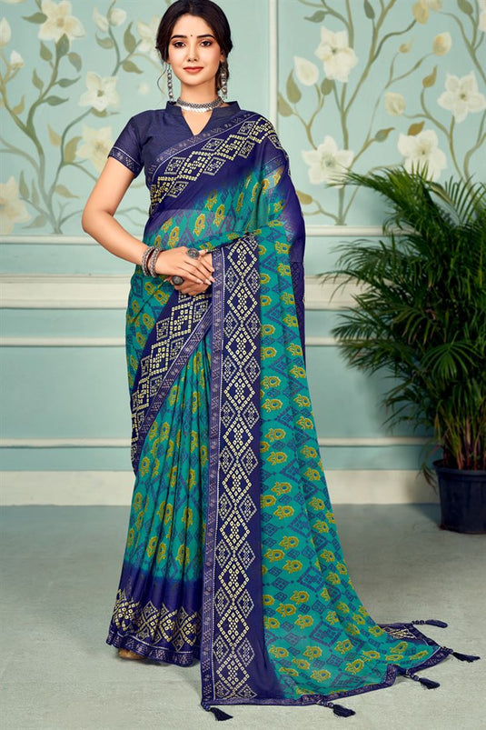 Chiffon Fabric Printed Saree In Artistic Sea Green Color