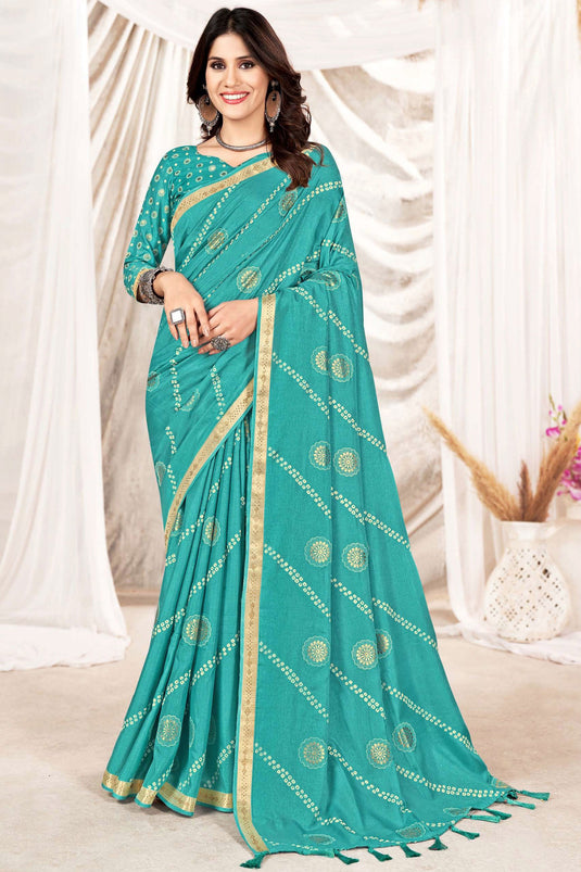 Cyan Color Printed Daily Wear Art Silk Saree