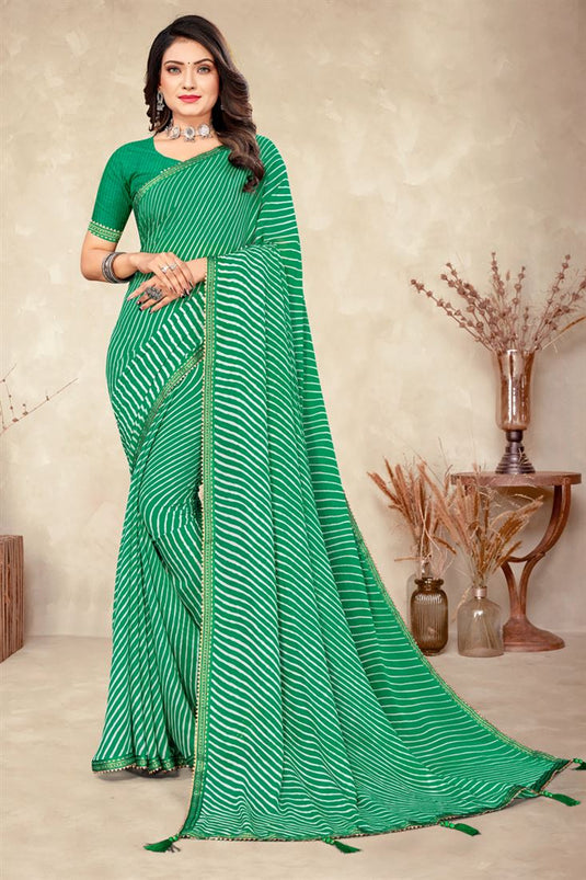 Chiffon Fabric Printed Work On Imposing Saree Green Color