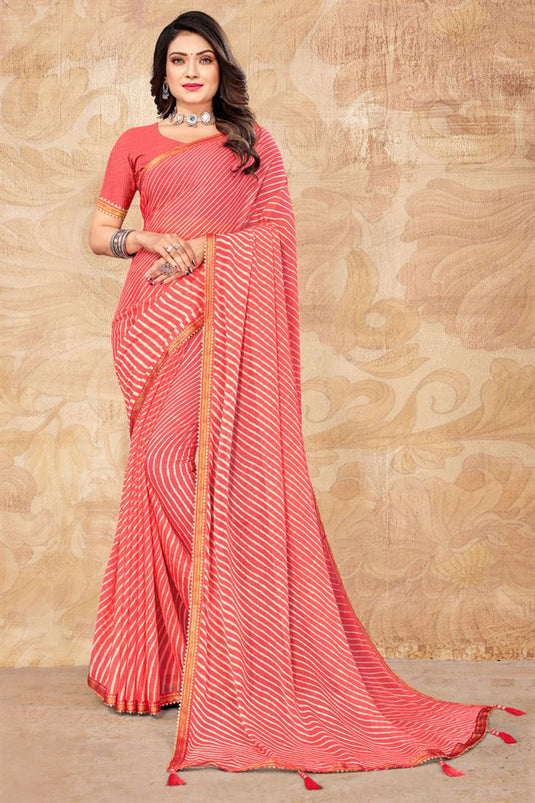 Classic Casual Wear Peach Color Saree In Chiffon Fabric