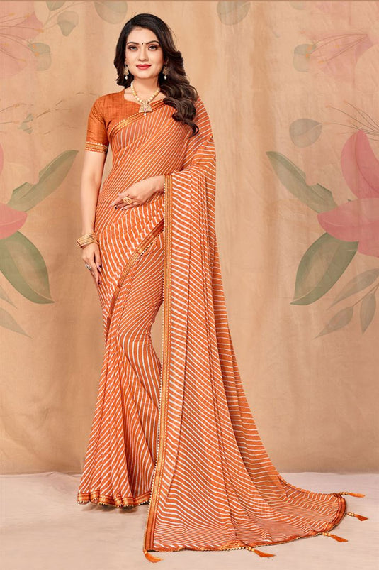 Chiffon Fabric Attractive Casual Look Orange Color Saree