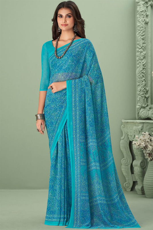 Tempting Cyan Color Georgette Casual Look Saree