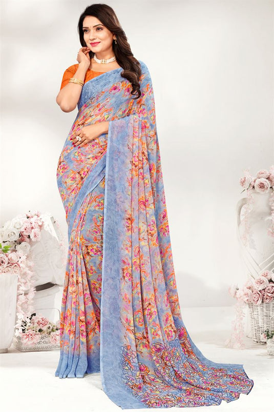 Georgette Fabric Light Cyan Color Sober Printed Saree