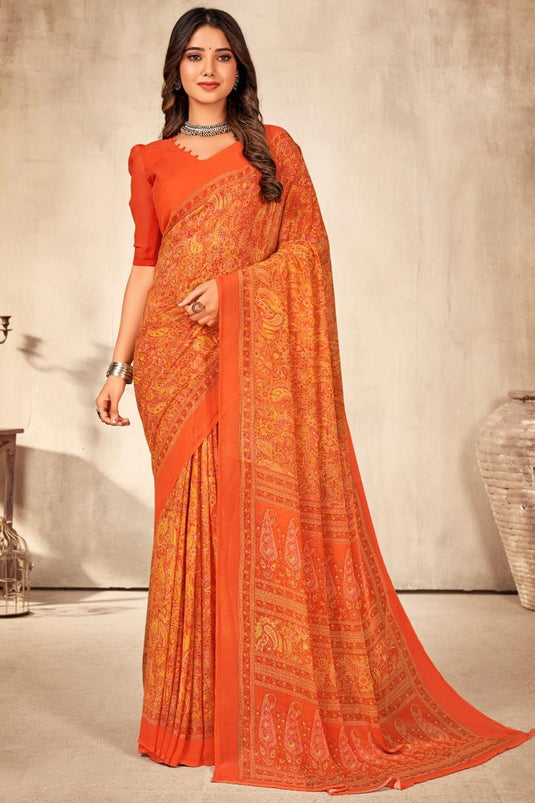 Printed Creative Orange Color Georgette Saree