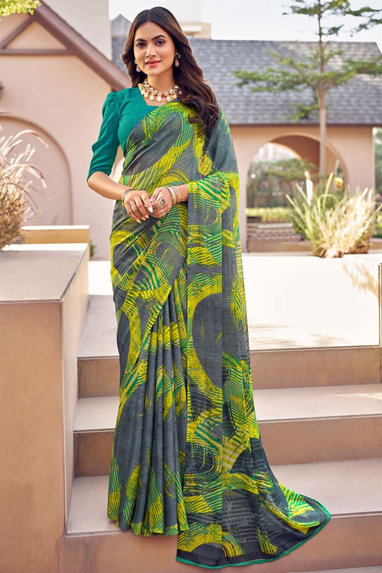 Casual Look Superior Chiffon Printed Saree In Grey and Yellow Color