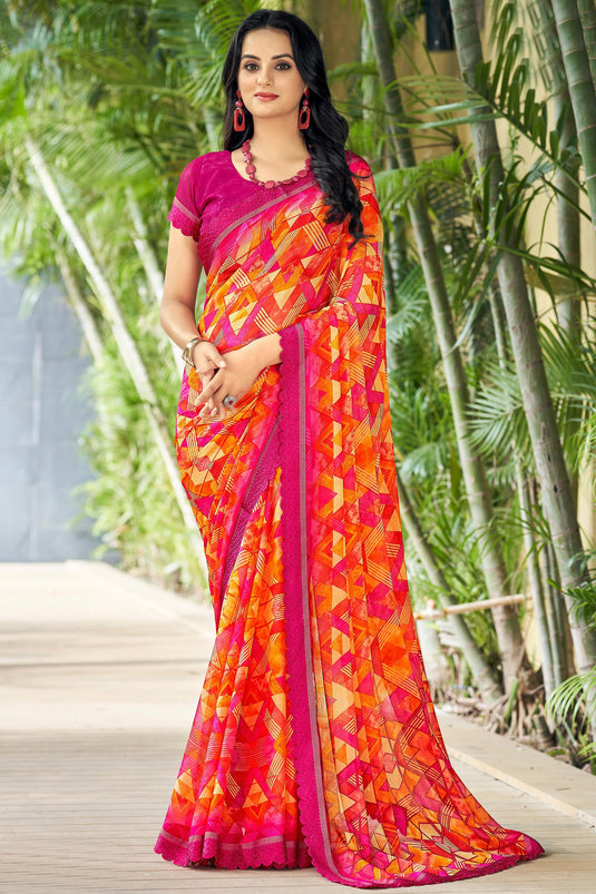 Orange Color Chiffon Fabric Daily Wear Printed Saree