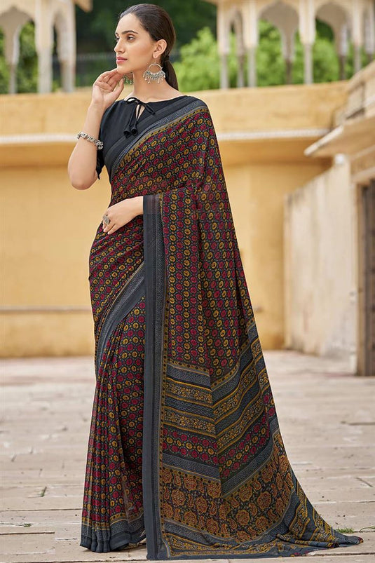 Dusky Multi Color Georgette Fabric Printed Saree