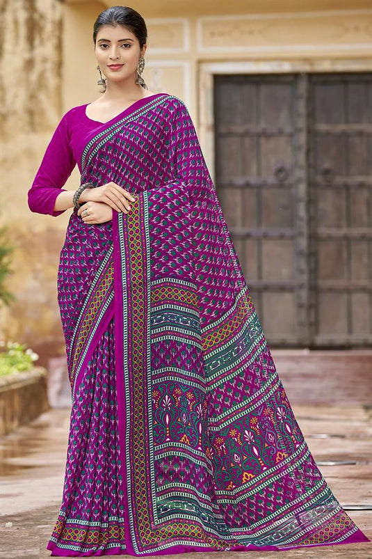 Georgette Fabric Magenta Color Striking Printed Saree