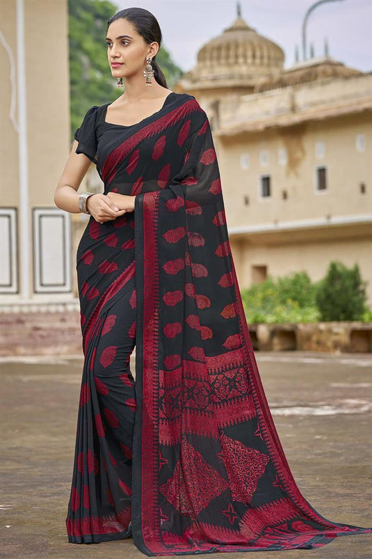 Black Color Georgette Fabric Flamboyant Printed Saree