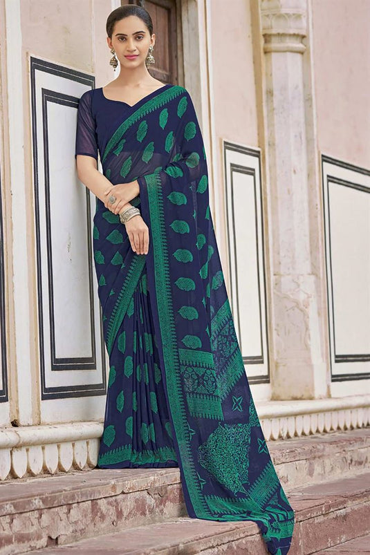 Georgette Fabric Fashionable Printed Saree In Navy Blue Color