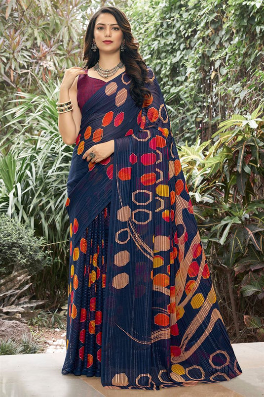 Superior Navy Blue Color Printed Casual Satin Saree