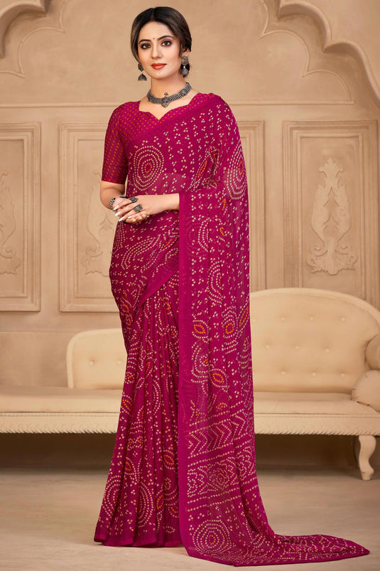 Casual Chiffon Fabric Magenta Color Bandhani Print Saree