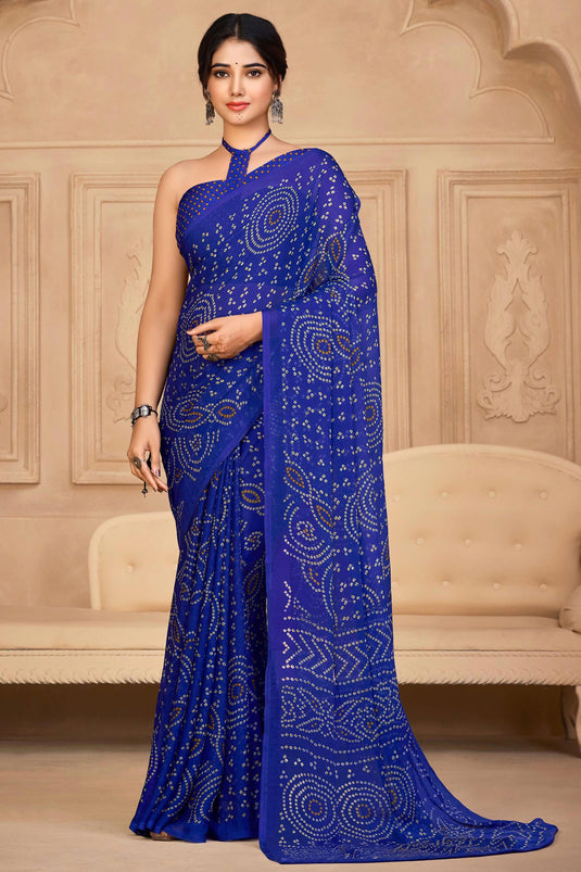 Casual Classic Blue Color Bandhej Print Saree In Chiffon Fabric