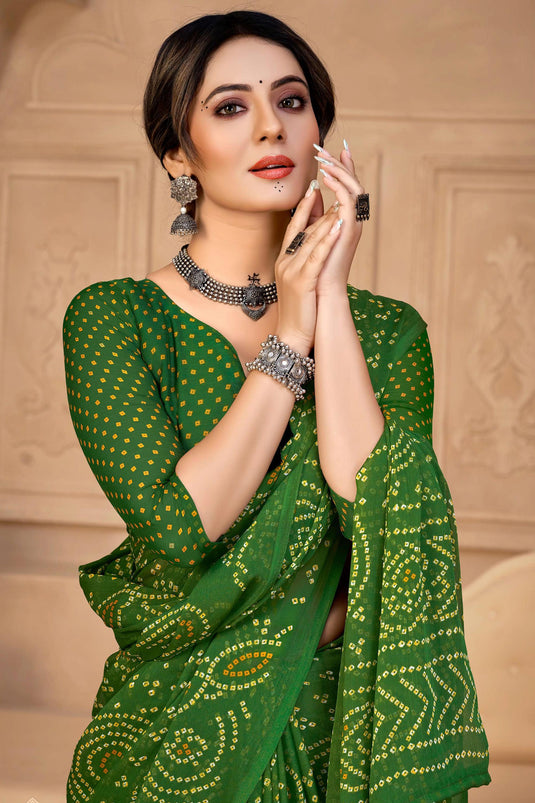 Chiffon Fabric Daily Bandhani Print Green Color Saree