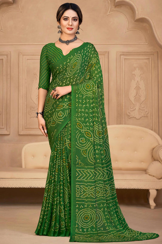 Chiffon Fabric Daily Bandhani Print Green Color Saree