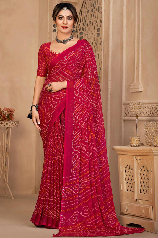 Casual Pink Color Chiffon Fabric Bandhani Print Saree