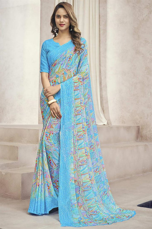 Cyan Color Chiffon Fabric Chic Casual Look Printed Saree