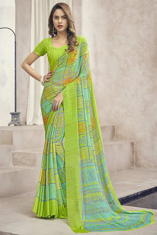 Chiffon Fabric Green Color Soothing Casual Look Printed Saree