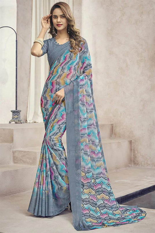 Chiffon Fabric Wonderful Casual Look Printed Saree In Grey Color